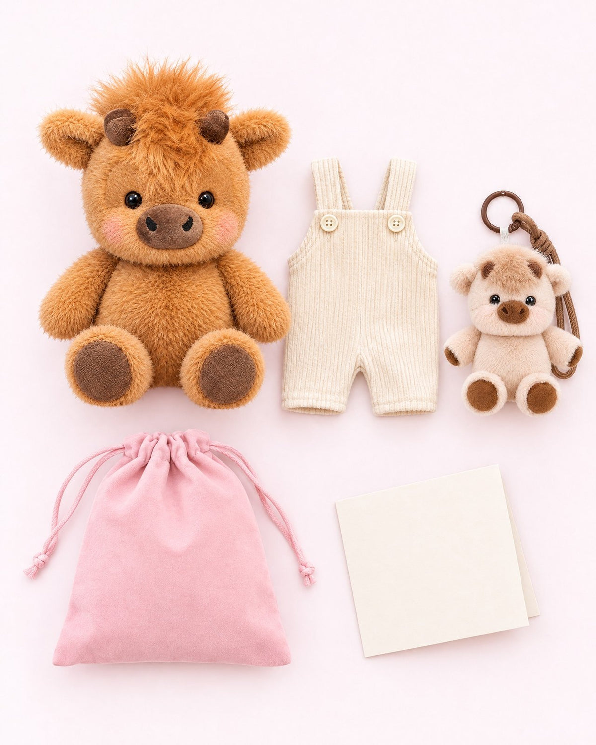 The cow with cream overalls, the mini running keychain, a pink gift bag and a card laid out
