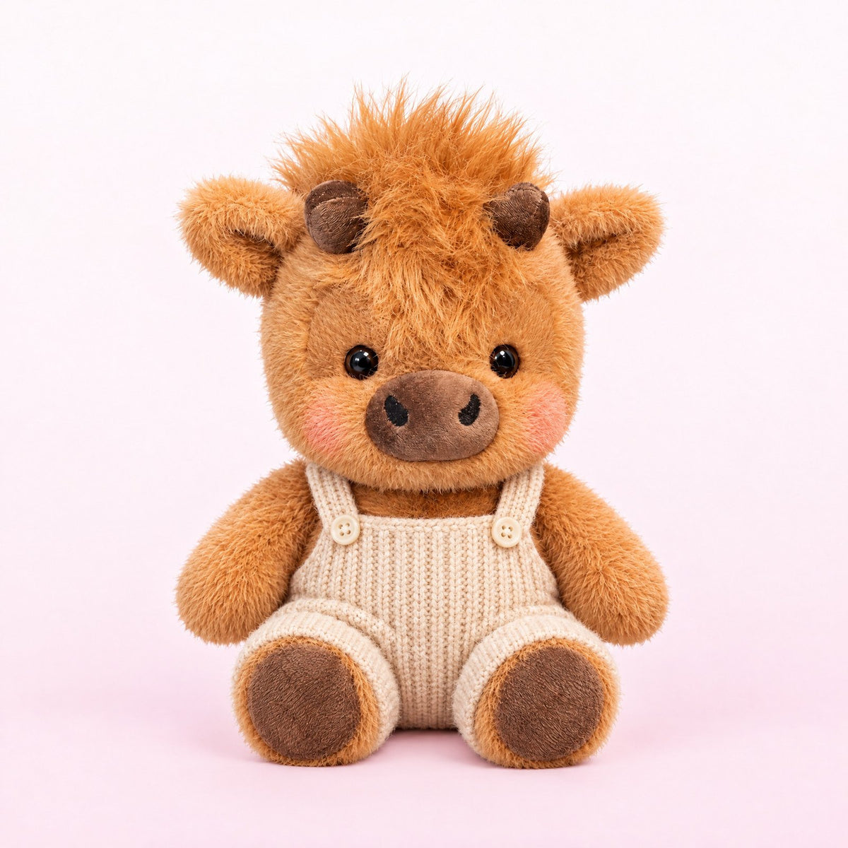 Kinako, the caramel running mofu cow, wearing its cream overalls