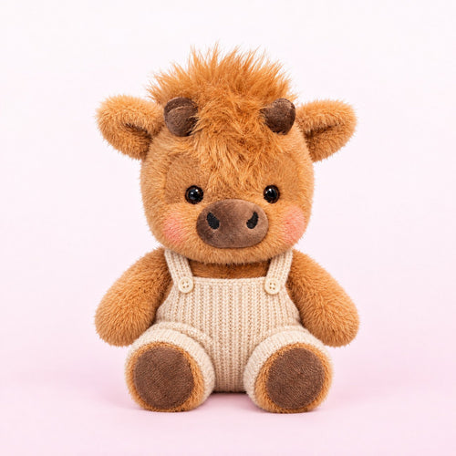 Kinako, the caramel running mofu cow, wearing its cream overalls