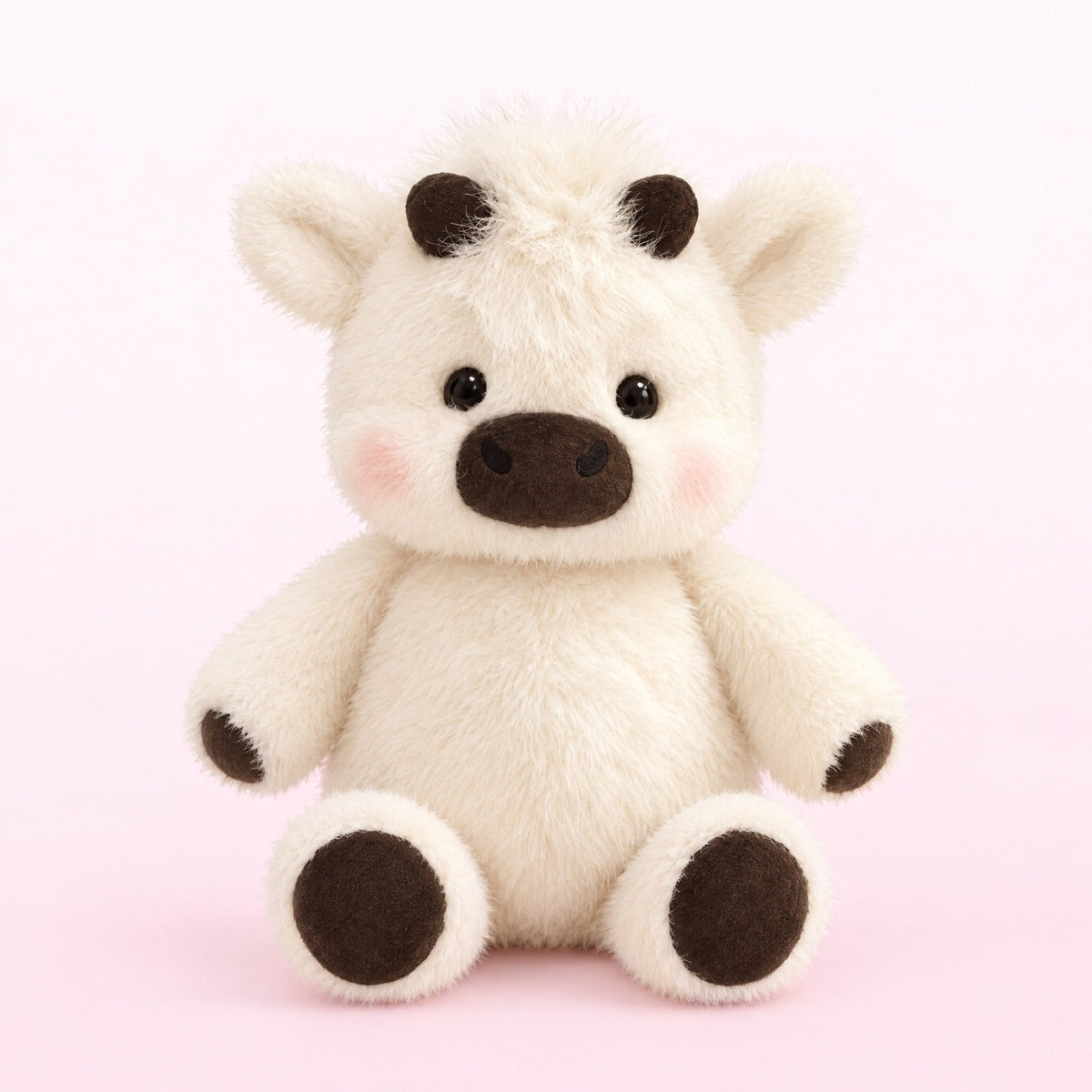 Mochi, the cream white running mofu cow with dark brown horns and paws