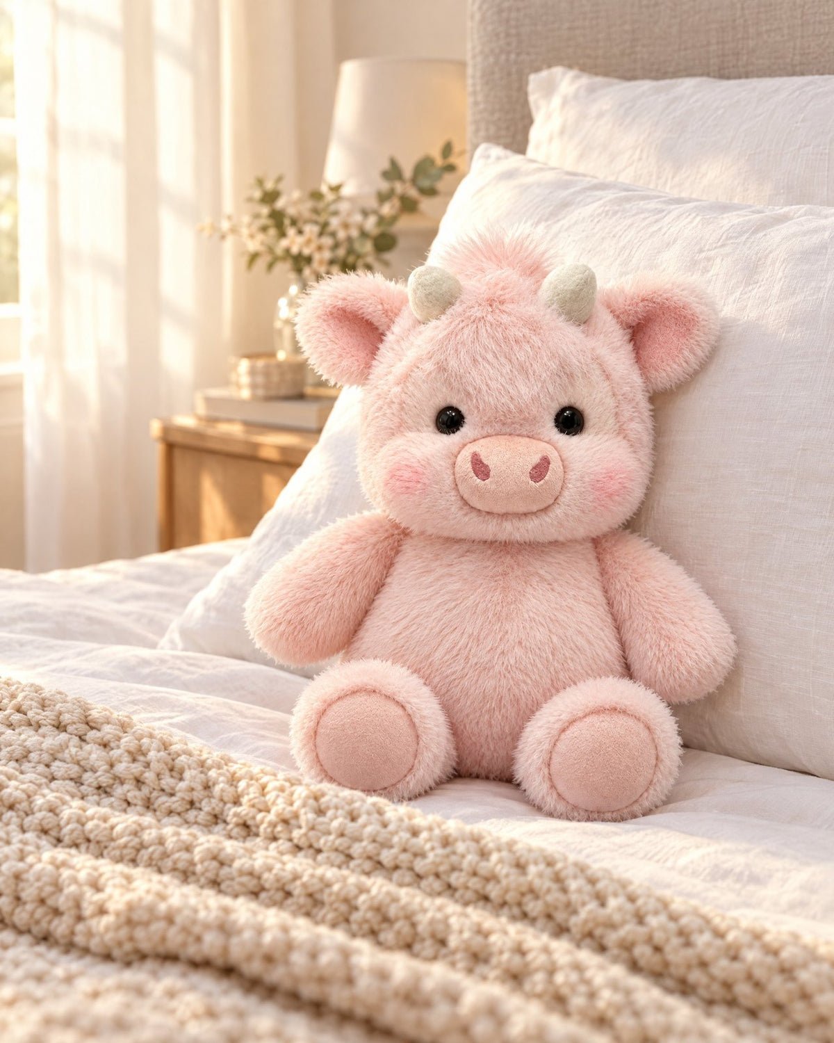 The pink cow sitting on a bed with a knit blanket