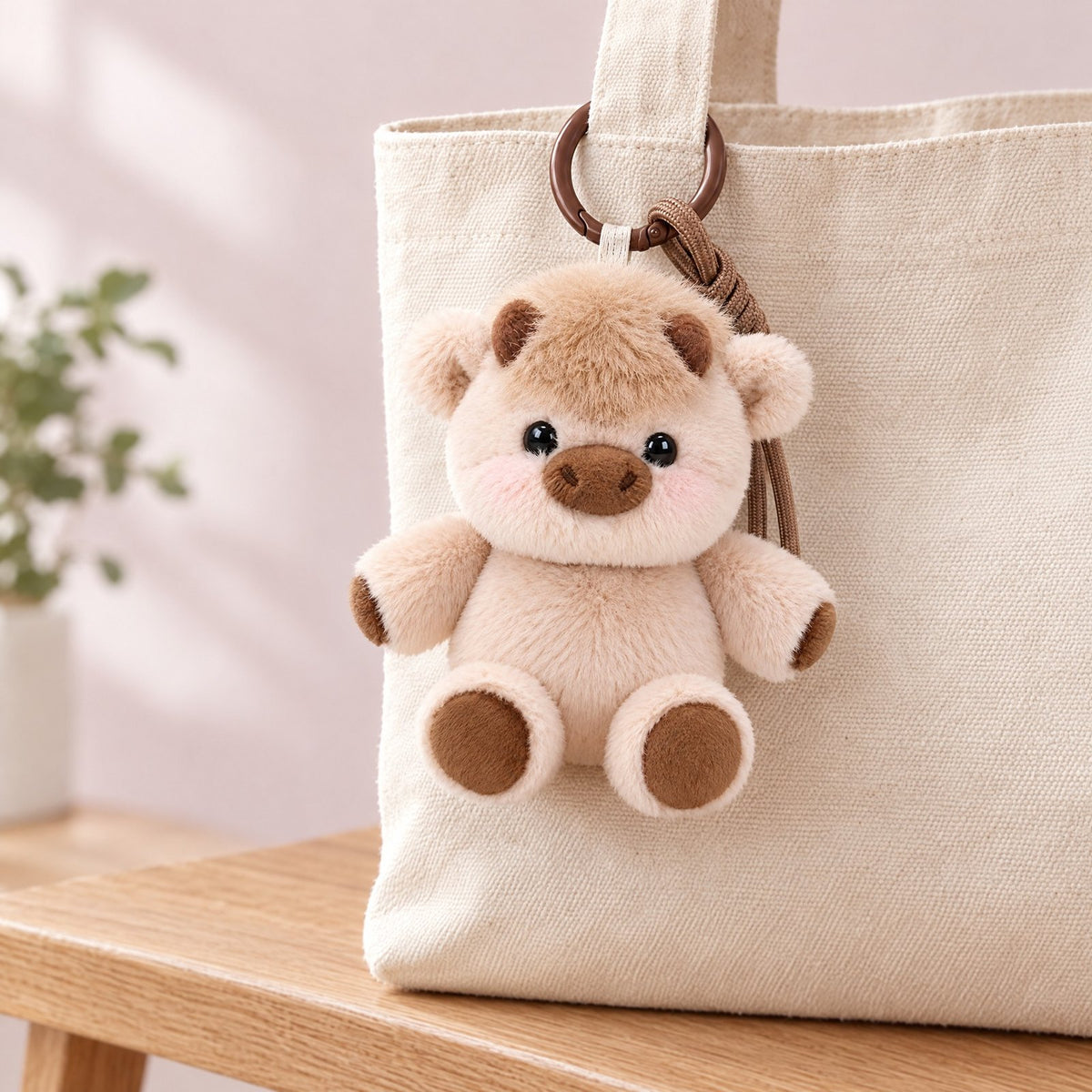 The mini running keychain clipped to a canvas tote bag